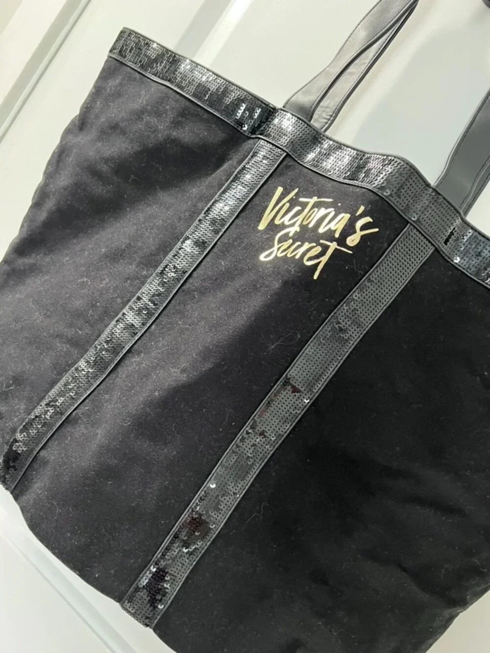Victoria's Secret Black Canvas Sequin Tote Bag Large Shoulder Carryall